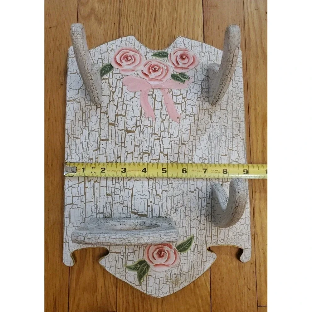 Vintage Shabby Chic Wood Wall Shelf Vanity Organizer Crackle‎ Paint Rose Ribbon